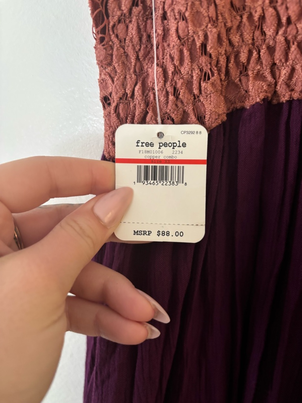 Free People Dusty Rose Lace Bodice Mini Dress with Plum Skirt - Size XS - NWT - Picture 5 of 5
